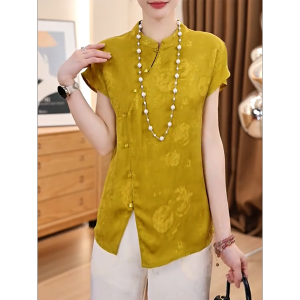 QINGNAER | Chinese Style Retro Floral Slim Fit Big Size Womens Blouse