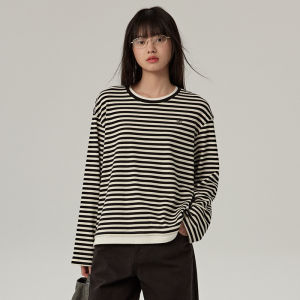 Omont Retro round Neck Striped Long Sleeve T-Shirt Loose Casual Base Layer Shirt Spring Autumn Comfortable Lazy Top