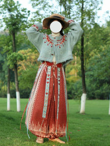 ชุดเสื้อผ้าผู้หญิงสไตล์ฤดูใบไม้ร่วง/ฤดูหนาว เสื้อเชิ้ตคอวีถักและกางเกงไฟล์ลิงปีใหม่ ชุดลำลอง สไตล์จีนโบราณ ชุดเสื้อผ้าแบบสวมหัว