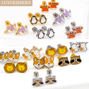 LUXUKISSKIDS Cute Girlss Tiny Earrings Acrylic Childlike Animals Piercing Small Butterfly Stainless Steel Penguin серьги Studs