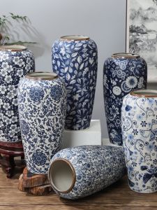 32CM Tall Blue And White Ceramic Flower Vase Dried Flower Decoration Home Soft Decoration Vintage Chinese Style Flower Pot
