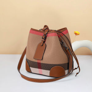 Aidrani  Womens genuine leather shoulder crossbody bag canvas cowhide plaid bag fashionable bucket shaped handbag