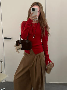 round Neck Red Knitwear Small Retro Short Sweater Cardigan Womens Early Autumn Wear Super Nice Silm Tops