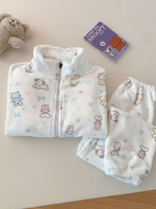 Coral Fleece Zipper Pajamas Womens Autumn and Winter Soft Sticky Cute Melody Thickened Flannel Home Wear Suit