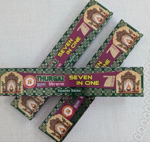 Sree Thurgai Seven in One Incense Sticks - 7 Fragrances - 21 sticks - Green packaging with temple illustration - Suitable for home and spiritual use.