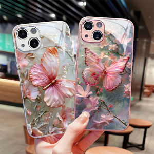 Butterfly Metal Paint Glass Shell Case Compatible with 11 12 13 14 15 16 pro Max XR XS Max 7 8 plus Cartoon Style Mobile Phone Protective Cover