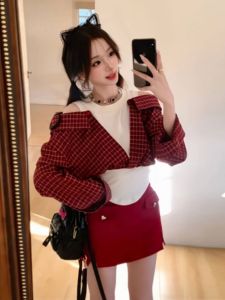 Red Shirt And Skirt Set Fake Two-Piece Long Sleeve round Neck Cotton Spring Autumn Fashion Womens Clothing Two-Piece Set