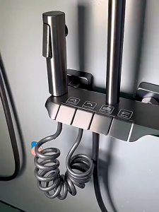 All-copper shower head set with faucet 304 stainless steel household copper bathroom shower mixing valve booster bathroom faucet constant temperature hot and cold exposed shower 4-in-1 hot and cold adjustment stainless steel shower head