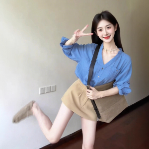 XIAOQIAOJIA | Blue V-neck Long Sleeve Shirt Womens High Waist Slimming Skirt Two-piece Set Korean Style Summer Elegant Khaki Color