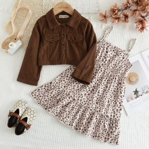 Bear Leader 2 Pieces Dress Sets for Baby Girls Brown Corduroy Jacket+Floral Camisole Dresses Clothes Suits 3 to 7 Years Kids Clothing Flower Print Autumn Costumes