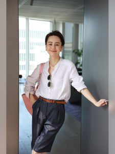 WinnieTang Natural Linen Womens Shirt Breathable Slimming Simple Summer White Long Sleeve Casual Business Office Wear