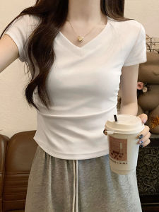 Womens Slim Fit Short Sleeve T-Shirt V-Neck Cotton Summer Fashion Korean Style White Color Commute Creativity Pure Cotton