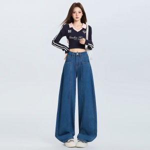 กางเกงยีนส์ผู้หญิงทรงหลวมสบายสไตล์วินเทจสีน้ำเงิน ดีไซน์ขากว้างแบบ Y2K