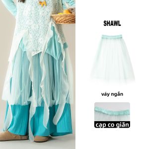 SHANGWEILUO | Bộ Quần Áo Dài Tay và Chân Váy Ren Xanh Không Đều