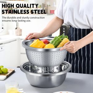 2-Piece Stainless Steel Microporous Filter Bowl Set - Multi-Purpose Filter Mesh and Mixing Bowl for Washing Vegetables Fruits