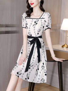 Floral Print Chiffon Dress Womens Summer New Style High Waist Short Sleeve Korean Version Commute Basic Model Single Piece