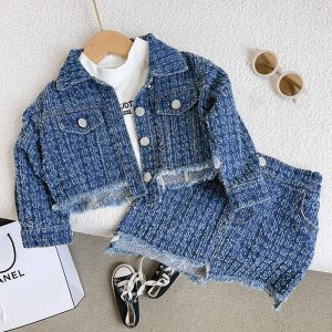 New Campus Style Girls Long Sleeve Denim Jacket and Skirt Set