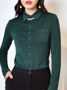 Goka Womens Modal Skin-friendly Elastic Fleece-lined Long Sleeve Shirt Autumn Winter New Style Commute OL Slim Fit Polo Collar