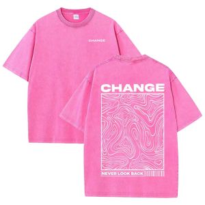 "CHANGE" Topographic Line Art Print Vintage Washed Beige Casual Graphic T Shirt
