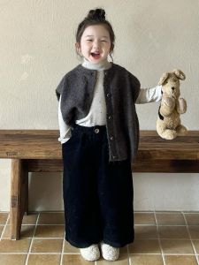 Korean Style Autumn Clothes Set for Girls Knitted Vest Wide Leg Pants Spring Autumn Kids Outfit Baby Girl Fashionable Ensemble