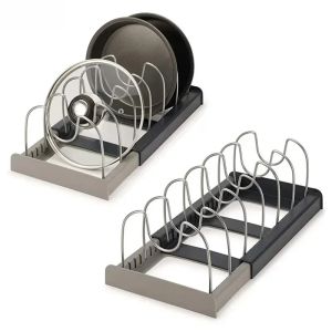 Expandable Pot and Pan Organizer Rack for Cabinet Pan and Pot Lid Holders with 6 Adjustable Dividers for Kitchen Organization