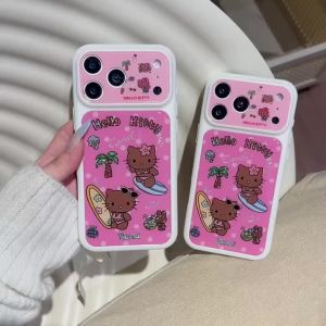 Sanrio | Ốp Điện Thoại Sanrio Hello Kitty Mùa Hè Lướt Sóng Da Đen Dành Cho iPhone 17/16/15 Pro Max - Bảo Vệ Toàn Diện Camera Chống Sốc