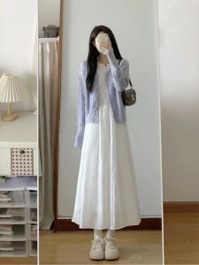 VKSOD | Korean Style Niche Design Knitted Set Womens Autumn New Gentle Anti-Aging Knitted Open Cardigan Elegant Dress Two-Piece Set