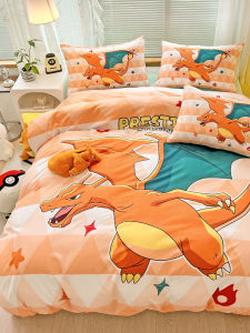 Pure Cotton Pokemon Fire Dragon Four-Piece Bedding Set Cartoon Childrens Duvet Cover Sheet Dormitory Bedding Accessories