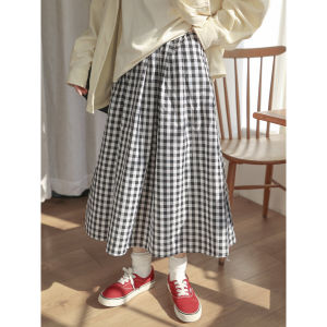 กระโปรงลายสก๊อตเล็กสีดำและสีขาววินเทจสไตล์ญี่ปุ่นแนวอาร์ตๆสไตล์ญี่ปุ่นกระโปรงทรงร่มทรงเอเอวสูงใส่แล้วดูผอมเพรียวสำหรับผู้หญิงกระโปรงทรงลูกแพร์