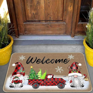 VIKAMA Đỏ Đen Trâu Kẻ Sọc Giáng Sinh Gnome Thảm Chùi Chân Polyester Chống Trượt Cho Cửa Trước Phòng Khách Ngày Lễ Trang Trí Nhà Cửa