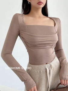 Liviahome Tight Fit T-Shirt Womens Short Sleeveless Street Style Top Waist-Cinching Long Sleeve Square Collar Base Shirt