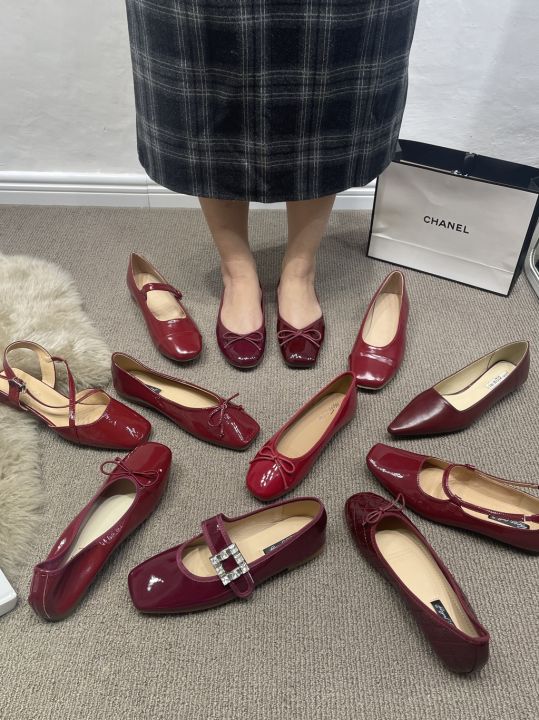 Flat Heel Vintage Dark Red Wine Shoes for Women with Butterfly - Main Image