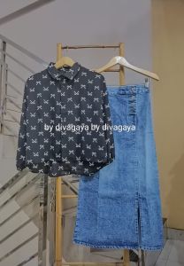 Setelan Anak Perempuan Margin Atasan Blouse Motif Pita Rok Span Jeans Kancing Fashion Kekinian