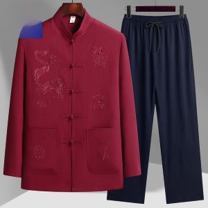 ROMON | Romon Long Sleeve Chinese Style Shirt Fathers Day Clothing Dad Summer Outfit Dads Traditional Costume Polyester Fiber Pure Color
