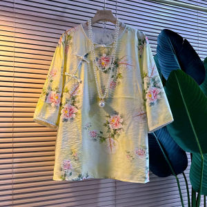 plus Size Womens Elastic Waist Casual Loose Top round Neck Vintage French Style Floral Print T-Shirt Belly Covering Clothing