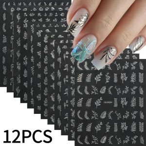 12Pcs 3D Gold Exquisite Flower Leaf Nail Art Stickers Metallic Floral Leaves Self-Adhesive Nail Decals DIY Retro Manicure Decor