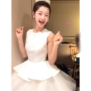 Đầm vest CHANGTONG dáng A ngắn không tay lưới xếp ly eo cao phong cách Hàn Quốc