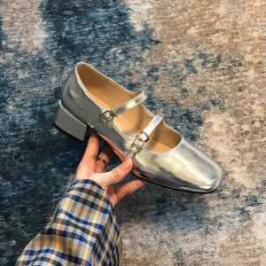 Silver Leather Mary Jane Flat Heel Shoes Womens Style Sweet Buckle Closure Fashionable Personality Front Square Toe Shoes