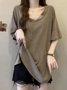 Oversized Loose American-Style Short-Sleeved T-shirt Womens Summer Plus Size Bottoming Shirt Plus Size Ladies Slim Looking Mid Length Long Length Hip-Covering Tops