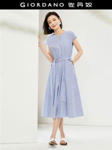 Summer New Style Womens Dress Belted Striped Short Sleeve V-Neck Gown Fashionable Cotton Shirt Dress Mid-Length A-Line Skirt
