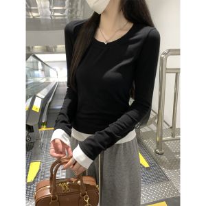Slim Fit round Neck Long Sleeve T-Shirt Womens Base Shirt Spring New Style 2025 Color Block Trendy Commute Korean Style