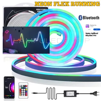 NEON FLEX RUNNING RGB PANJANG 5 10 METER NAMA APK RHYTHM PRO BISA GUNTI GANTI WARNA SUDAH TERMASUK ADAPTOR DAN REMOT CONTROL TINGGAL LANGSUNG COLOK BISA DI ATUR LEWAT HP COCOK UNTUK DIBUAT MODEL DETAK JANTUNG