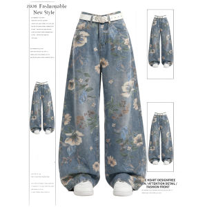 Quần Jeans Denim Ống Rộng in Hoa Phong Cách Mỹ Cạp Cao Quần Dài Dài Đến Sàn Cho Nữ Mùa Xuân Mùa Hè Thiết Kế Thường Ngày