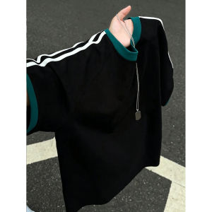 OUMULONG | Men Black Contrast American Stripes T-Shirt