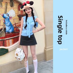 YUEZHONGWEI | Blue Knitted Crop Top Womens Summer Sleeveless Slim Fit Short Style Dopaamine Outfit Cardigan Vest Fashionable Trendy Top