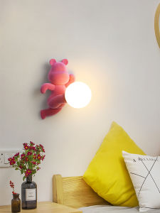 Bedroom Wall Lamp Bear Shape Cartoon Living Room Background Wall Childrens Room Cute Wall Light Modern Simple Style Glass Shade Resin Body