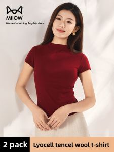 Miiow | Red Half-High Collar Short Sleeve Womens T-Shirt Inner Wear Base Shirt Slimming Top Korean Style Commute Wool Blend Polyester