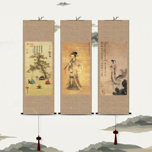 Traditional Antique-style Ink Painting Scroll Silk Hanging Paintings Tang Yin Landscape Calligraphy Living Room Decor