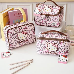 Sanrio | Gentle Pink Leopard Print Hello Kitty Embroidered Storage Bag Multifunctional Portable Travel Toiletry Bag Large Capacity Make