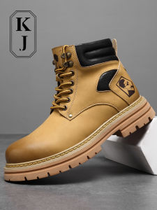 KJ Genuine Leather Thick Bottom Martin Boots Mens High Top Fleece Lined Anti-Slip Workwear Shoe Style New Chinese Versatile Large Yellow Boot